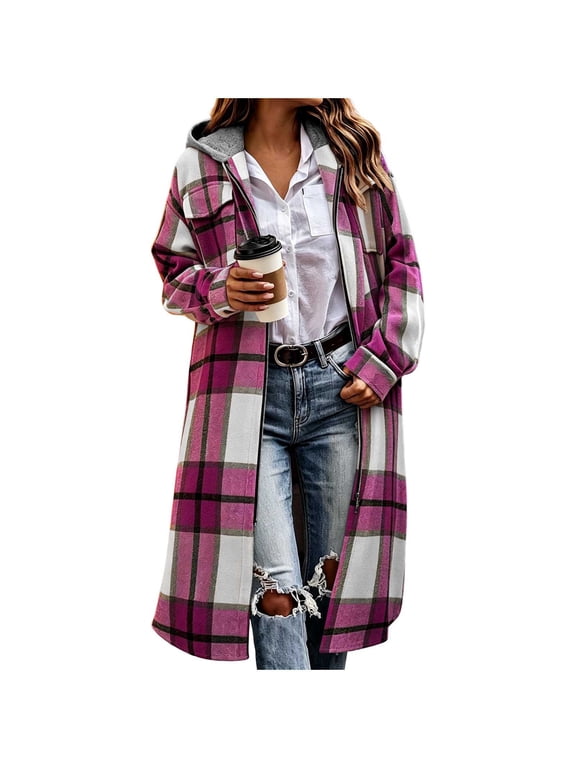 Long Zip Up Hoodie Women Plaid Jacket Flannel Shacket Fleece Hooded Coat