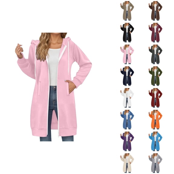 Long Zip Up Hoodies for Women 2025 Fall Winter Long Sleeve Full Zipper Hooded Sweatshirt with Pockets Jacket Coat
