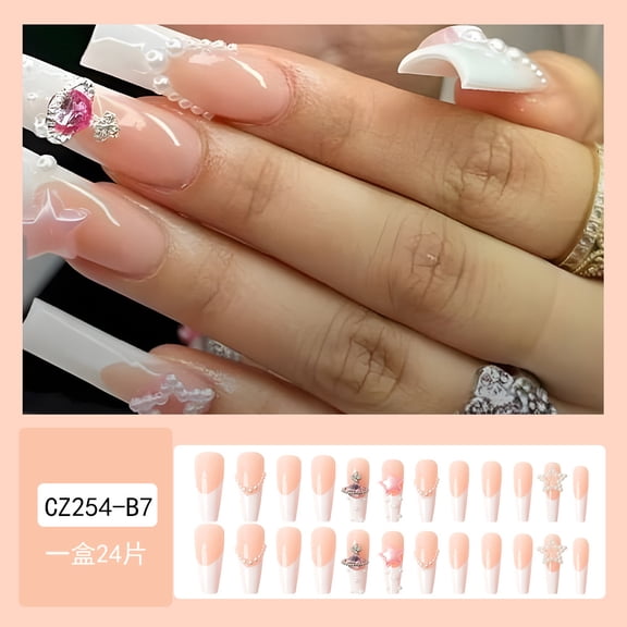 Long ballet three-dimensional star French wearing nail Y2K cross-border 24-piece whitening nail art, false finger patch mixed batch