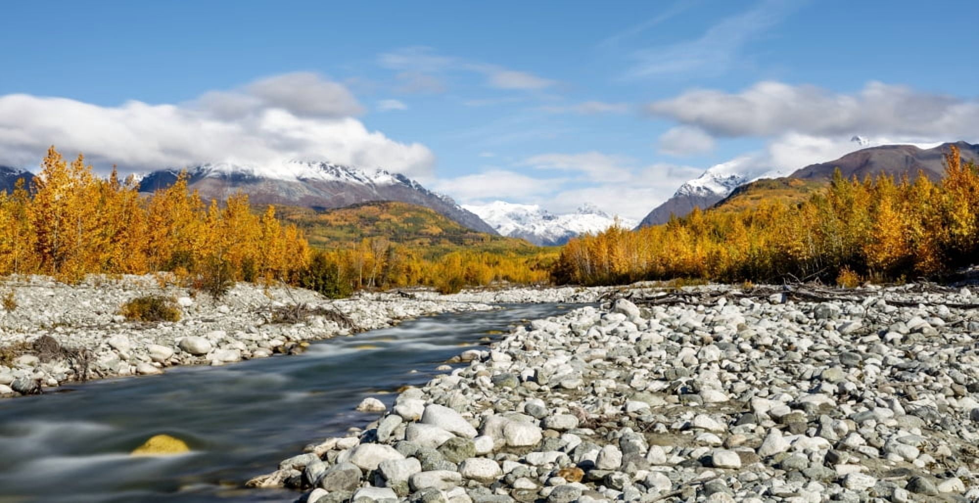 Long exposure of Granite Creek and Talkeetna Mountains along the Matanuska Valley in Southcentral Alaska Autumn Canvas Art - Ray Bulson Design Pics (21 x 11)