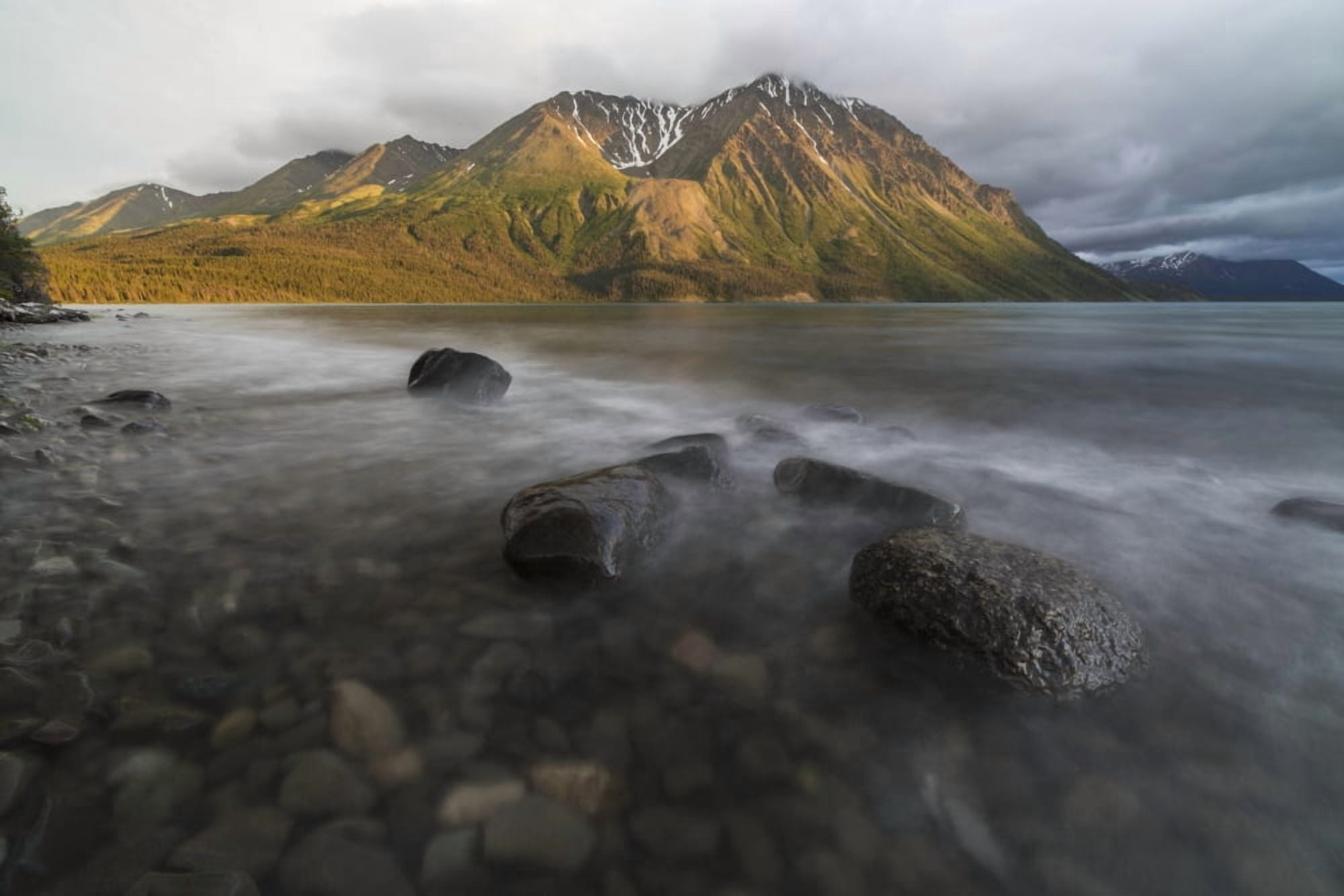 Long exposure of Kathleen Lake washing over the rocks as the setting sun hits Kings Throne Kluane National Park Yukon Canada Canvas Art - Robert Postma Design Pics (19 x 12)