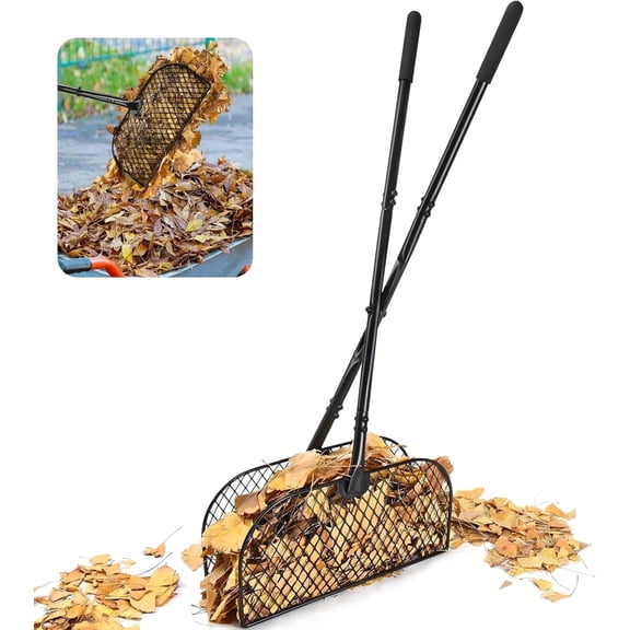 rake for leaves, requiring no bending to use, efficient and effort-saving, suitable for gardening, effortlessly collects fallen leaves and grass clippings.