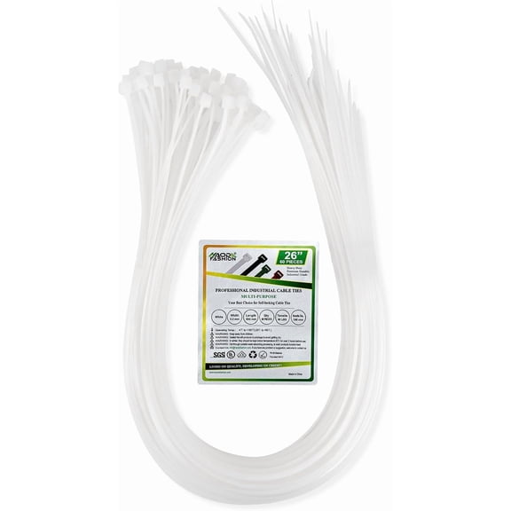 Long heavy-duty zipper tie, 26 inches, white cable management zipper tie 60-pack, high-strength 60-pound zipper tie, UV resistant, durable, suitable for outdoor fixing, indoor wire tie bundling.