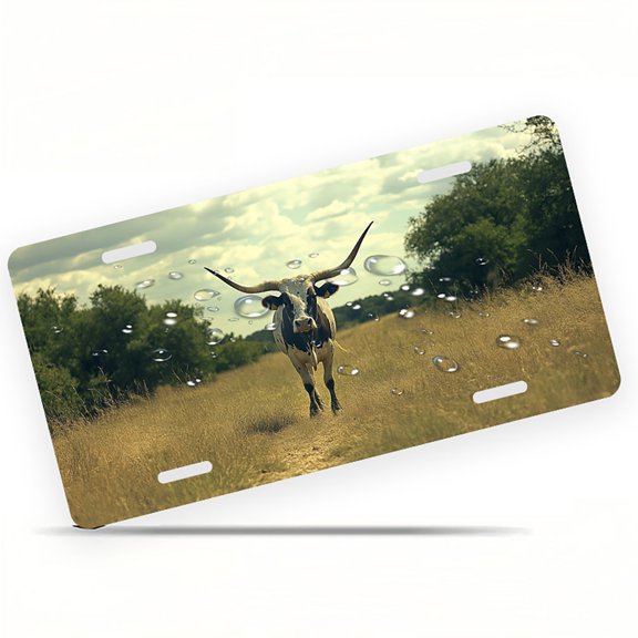 Long horned Cow in Field Front License Plate, Metal License Plate, Funny Standard Plates Personalized Novelty Decorative For Men/Women/Boys/Girls Car 6×12 Inch