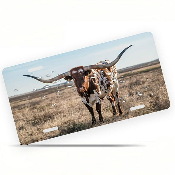 Long horned Cow Funny Personalized License Plate Rust-proof Stainless Steel Metal License Plate Suitable For Men And Women 12.2" x 6.2"