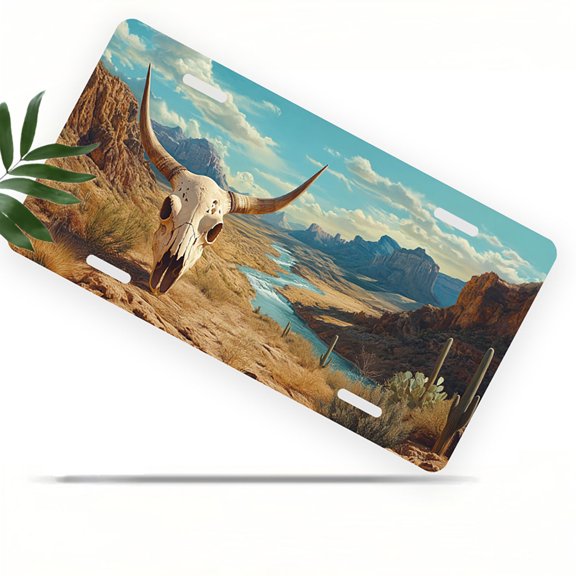 Long horned Skull in Desert Front License Plate, Metal License Plate, Funny Standard Plates Personalized Novelty Decorative For Men/Women/Boys/Girls Car 6×12 Inch