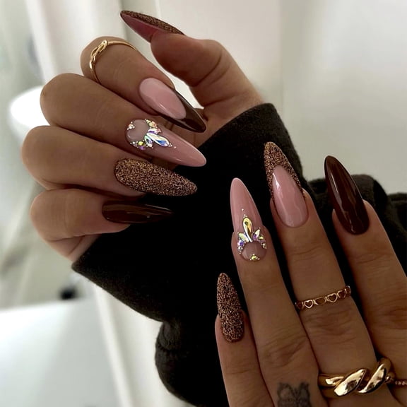 Long pointed nail, white in autumn and winter, wear nail wholesale, Maillard nail art, colored diamond French fake nail nails