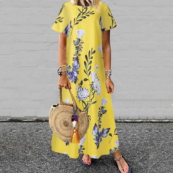 Long skirt plus size women's summer round neck short sleeve floral pocket dressLemon Yellow Size L
