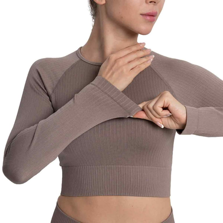 Long sleeve crop top for women, exercise seamless crop T-shirt top - brown  
