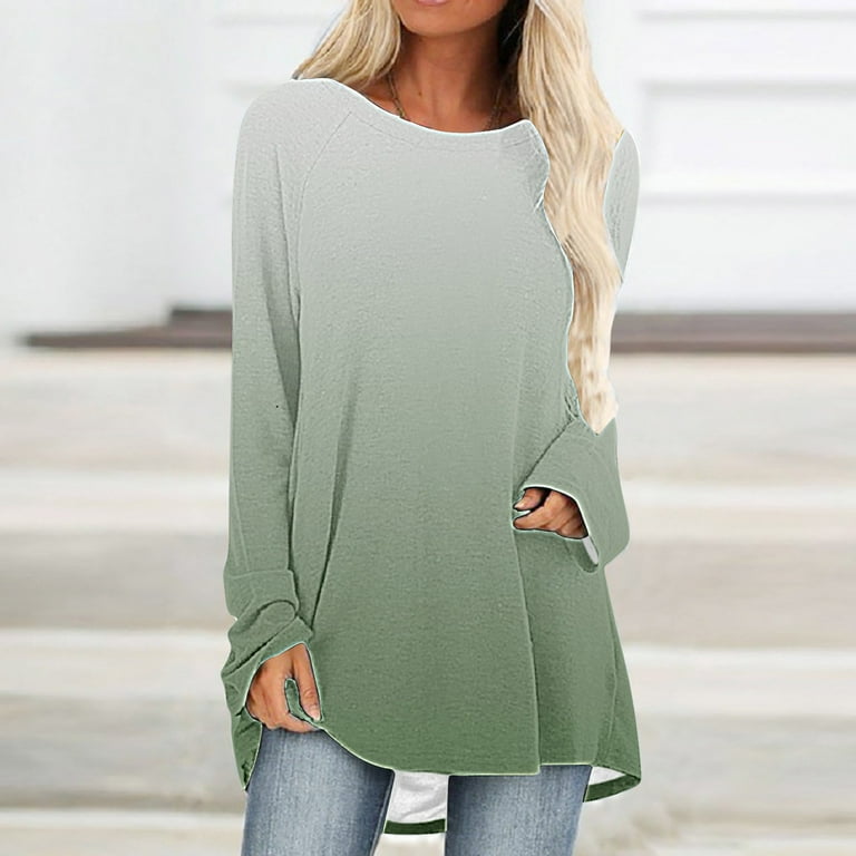 Long sleeve shirts for women trendy fall sweatshirt for womens fall fashion  2023 Printed T-shirt Long Sleeves Blouse Round Neck Casual Tops Mint Green  XXL 