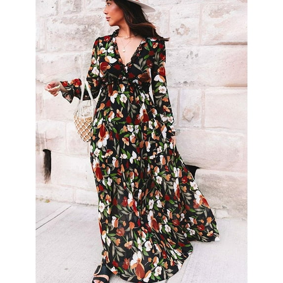 Long sleeved European and American women's fashionable printed fairy style long style evening dress