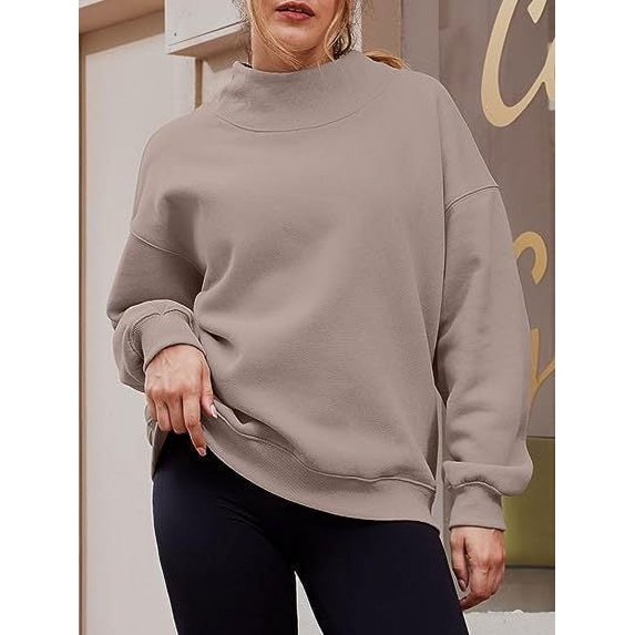Long-sleeved High Neck Sweatshirt (S, ChampagneBeige)
