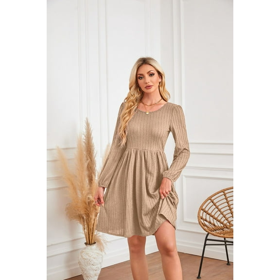 Long-sleeved Solid round neck Dress (XL, LightFawnBeige)