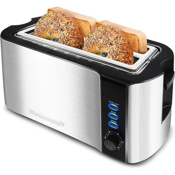 Long slot 4-slice toaster with reheat function, 6 toast settings, defrost and cancel function, built-in warming rack, extra wide slots for bagels and waffles
