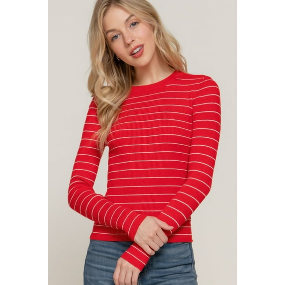 Long slv crew neck stripe sweater