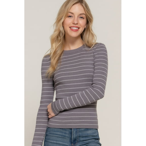 Long slv crew neck stripe sweater