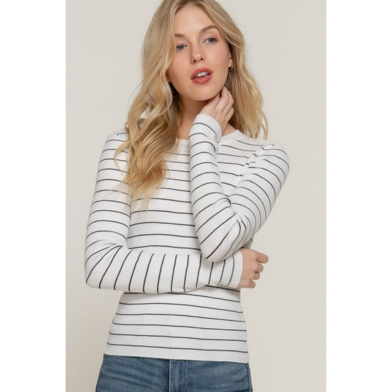 Long slv crew neck stripe sweater