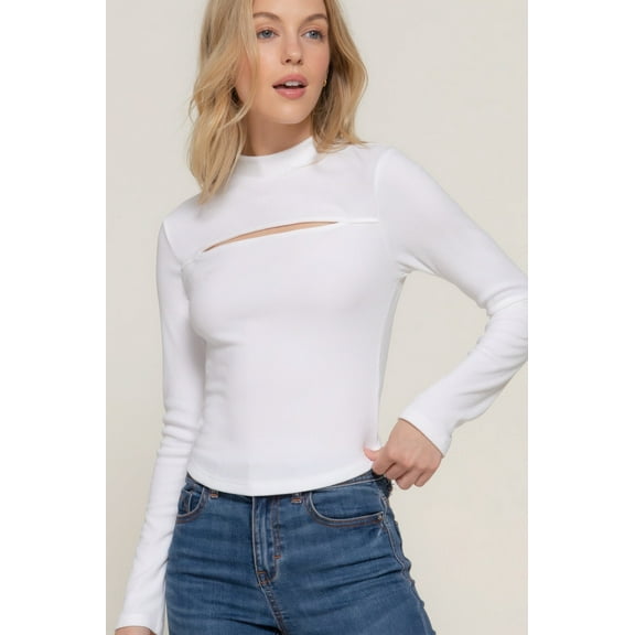 Long slv mock neck kyehole rib knit top