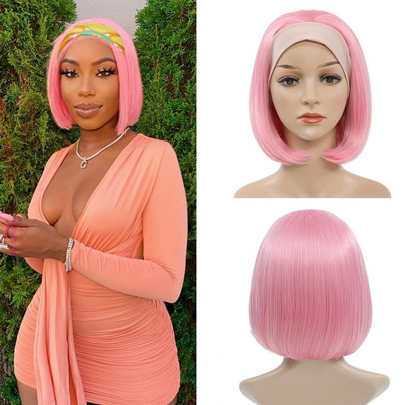 Long straight Synthetic Headband bob Wig for Black Women Synthetic Headband Wigs straight bob Headband Wig Glueless Headband Wigs Heat Resistant 10 inch Pink