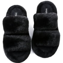 LongBay Familyfairy Women's Fluffy Faux Fur Slippers Comfy Open Toe Two Band Slides