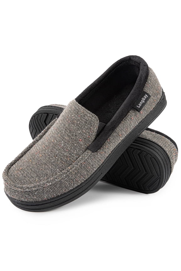 LongBay Men's Cozy Moccasin Slippers Loafer House Shoes with Memory Foam and Rubber Sole for Indoor Outdoor