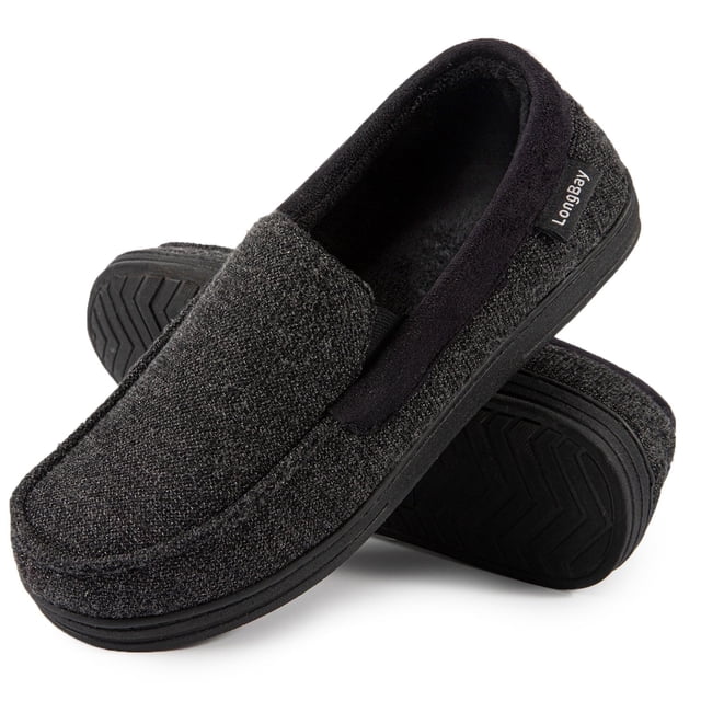 LongBay Men's Cozy Moccasin Slippers Loafer House Shoes with Memory Foam and Rubber Sole for Indoor Outdoor