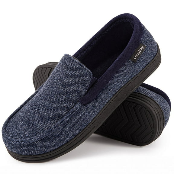 LongBay Men's Cozy Moccasin Slippers Loafer House Shoes with Memory Foam and Rubber Sole for Indoor Outdoor