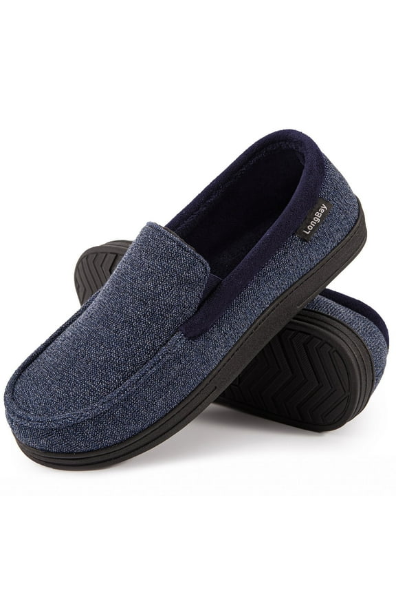 LongBay Men's Cozy Moccasin Slippers Loafer House Shoes with Memory Foam and Rubber Sole for Indoor Outdoor