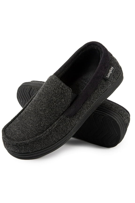 LongBay Men's Cozy Moccasin Slippers Loafer House Shoes with Memory Foam and Rubber Sole for Indoor Outdoor