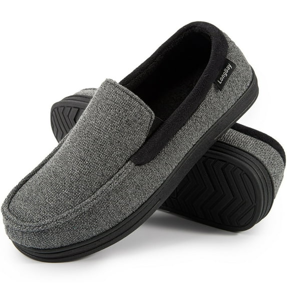 LongBay Men's Cozy Moccasin Slippers Loafer House Shoes with Memory Foam and Rubber Sole for Indoor Outdoor
