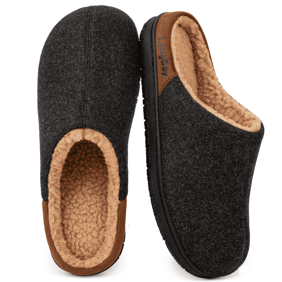 LongBay Men's Fuzzy Sherpa Lined Slippers Warm Memory Foam Non-slip Slippers Slip-on House Shoes for Indoor Outdoor