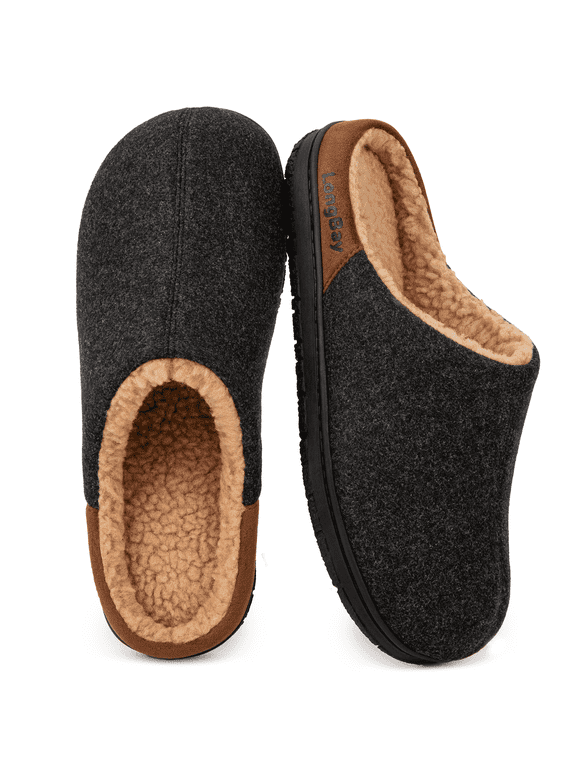 Men's Fuzzy Sherpa Lined Slippers Warm Memory Foam Non-slip Slippers Slip-on House Shoes for Indoor Outdoor