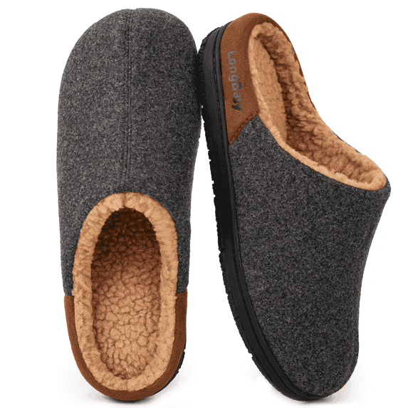 LongBay Men's Fuzzy Sherpa Lined Slippers Warm Memory Foam Non-slip Slippers Slip-on House Shoes for Indoor Outdoor