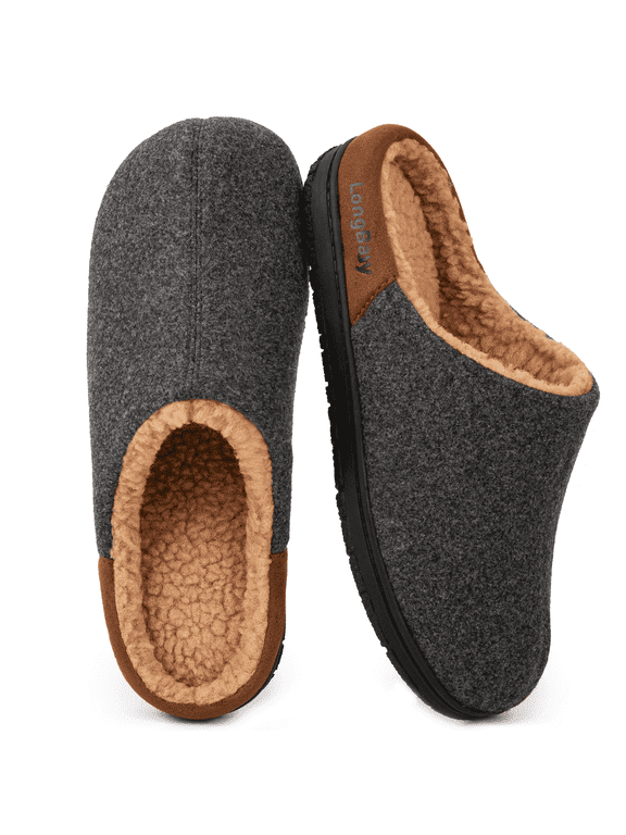 Men's Fuzzy Sherpa Lined Slippers Warm Memory Foam Non-slip Slippers Slip-on House Shoes for Indoor Outdoor