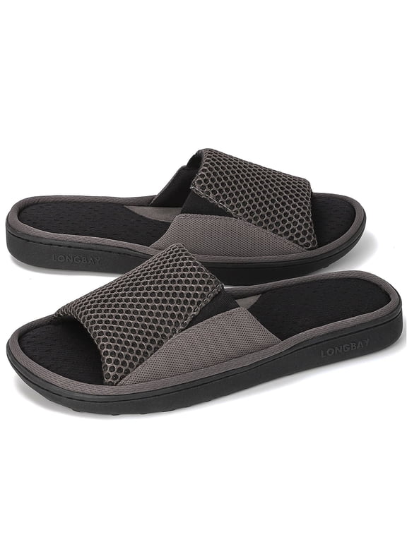 Men's Memory Foam Slide Slippers - Adjustable Open Toe House Shoes with Breathable Mesh for Indoor Outdoor