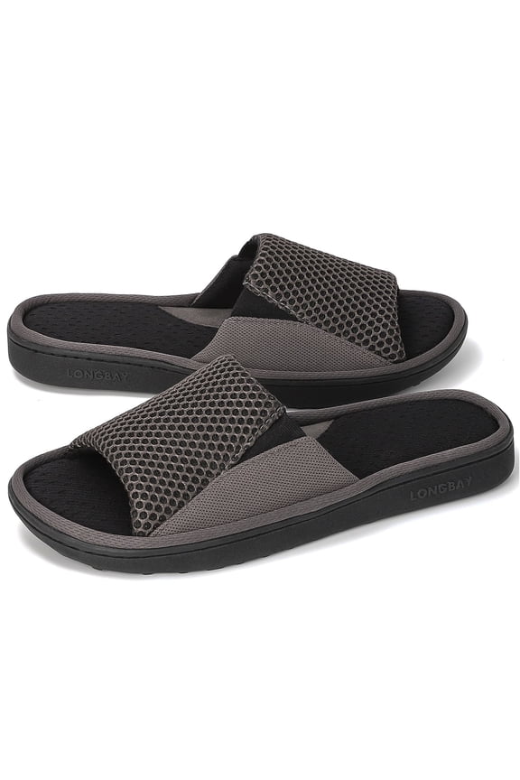 LongBay Men's Memory Foam Slide Slippers - Adjustable Open Toe House Shoes with Breathable Mesh for Indoor Outdoor