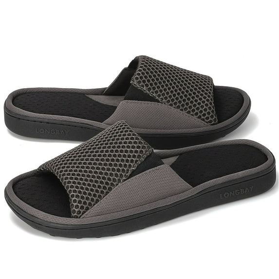 LongBay Men's Memory Foam Slide Slippers - Adjustable Open Toe House Shoes with Breathable Mesh for Indoor Outdoor