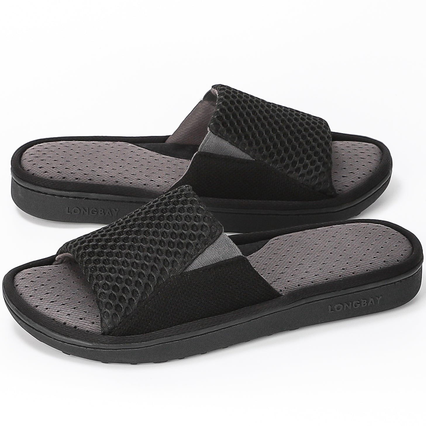 LongBay Men's Memory Foam Slide Slippers - Adjustable Open Toe House Shoes with Breathable Mesh for Indoor Outdoor