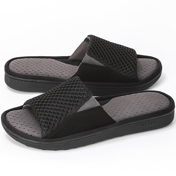 LongBay Men's Memory Foam Slide Slippers - Adjustable Open Toe House Shoes with Breathable Mesh for Indoor Outdoor