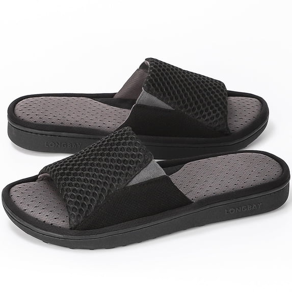 LongBay Men's Memory Foam Slide Slippers - Adjustable Open Toe House Shoes with Breathable Mesh for Indoor Outdoor