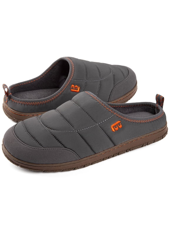 Mens Memory Foam Slip on Slippers - Two-Tone Indoor Outdoor House Shoes for Camping Garden, Non-Slip Rubber Sole, Comfortable Down Clogs