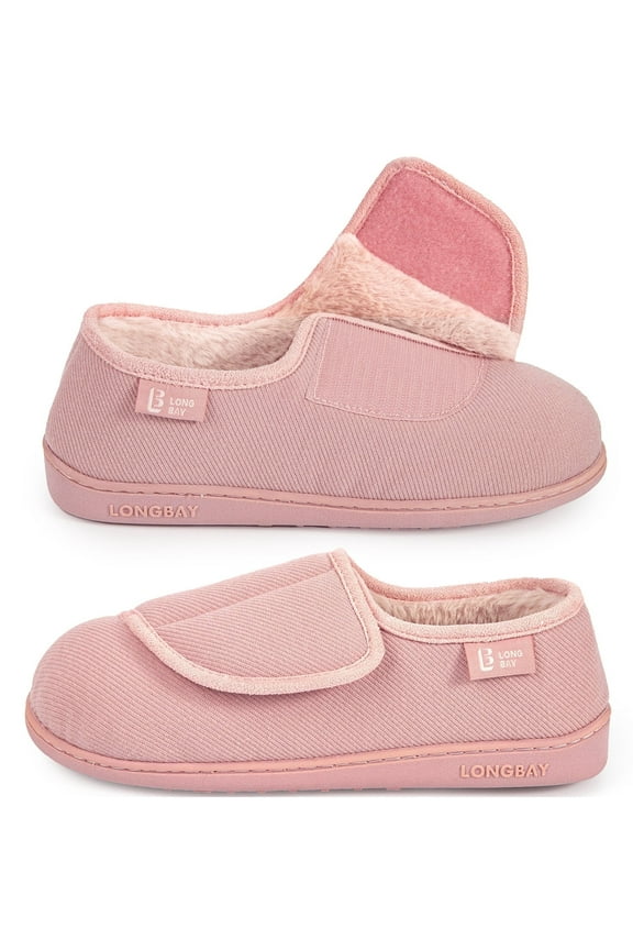 LongBay Women's Diabetic Adjustable Slippers Comfy Cozy Furry Memory Foam House Shoes for Arthritis Edema.