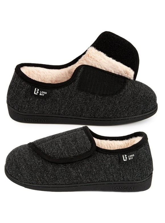 LongBay Women's Diabetic Adjustable Slippers Comfy Cozy Furry Memory Foam House Shoes for Arthritis Edema