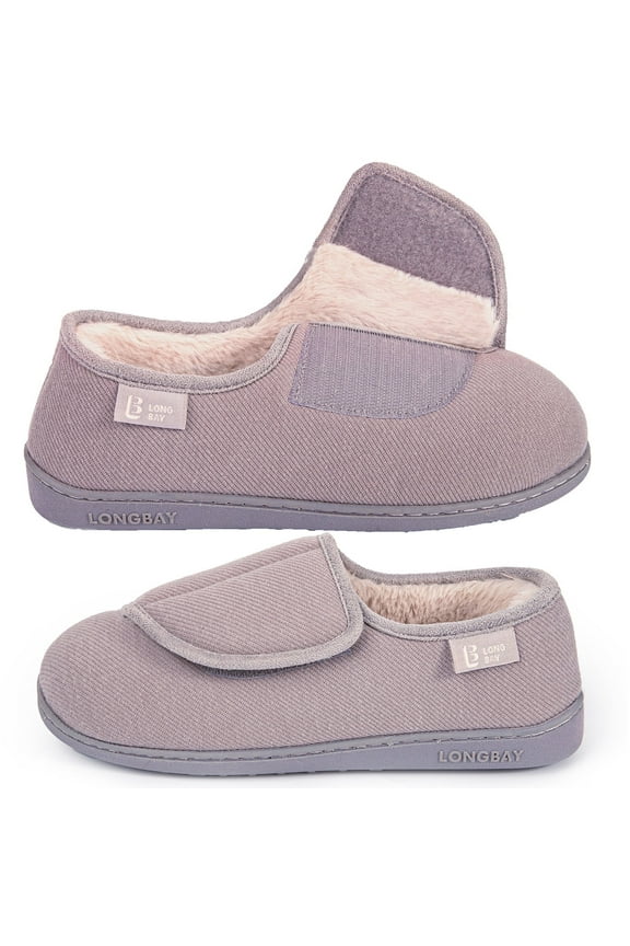 LongBay Women's Diabetic Adjustable Slippers Comfy Cozy Furry Memory Foam House Shoes for Arthritis Edema.