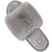 LongBay Women's Fuzzy Faux Fur Memory Foam Cozy Flat Spa Slide Slippers Comfy Open Toe Slip On House Shoes Sandals, Size 7-8 US