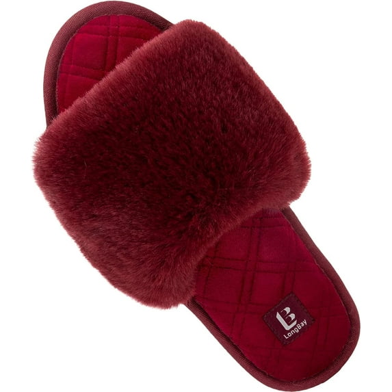 LongBay Women's Fuzzy Faux Fur Memory Foam Cozy Flat Spa Slide Slippers Comfy Open Toe Slip On House Shoes Sandals