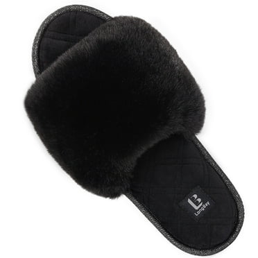 LongBay Women's Fuzzy Faux Fur Memory Foam Cozy Flat Spa Slide Slippers Comfy Open Toe Slip On House Shoes Sandals