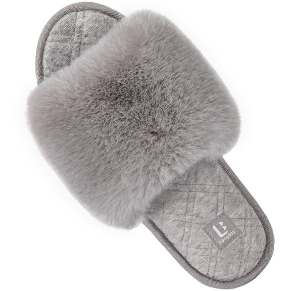 LongBay Women's Fuzzy Faux Fur Memory Foam Cozy Flat Spa Slide Slippers Comfy Open Toe Slip On House Shoes Sandals