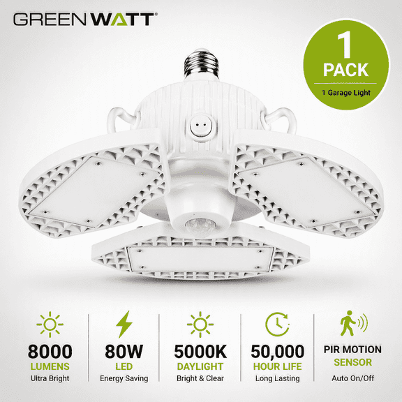 Green Watt LED Garage Light with Motion Sensor, 80W, 8000 Lumens, 5000K Daylight, 3 Adjustable Panels, 400W Equivalent, E26/E27 Screw-In Garage Ceiling Light
