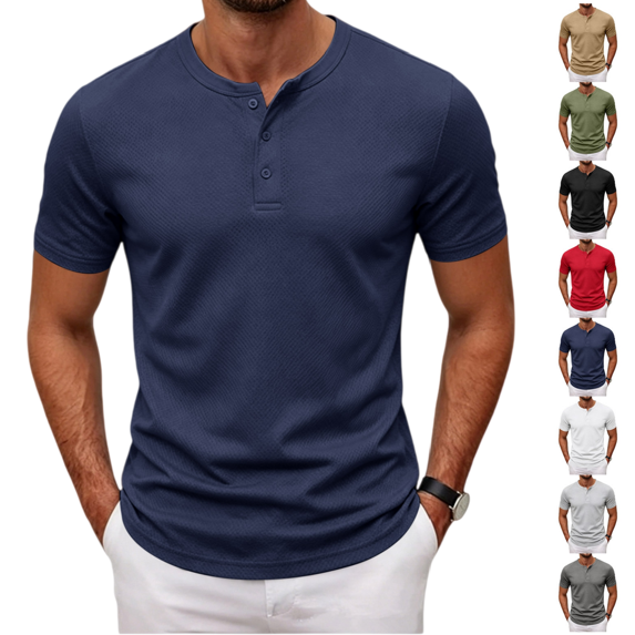 Longantii Men's Button-Up Henley Shirt Soft Stretch Casual Basic Short Sleeve Tops Summer Lightweight Breathable V Neck Tees Solid Color Relaxed Fit Pullover Tops
